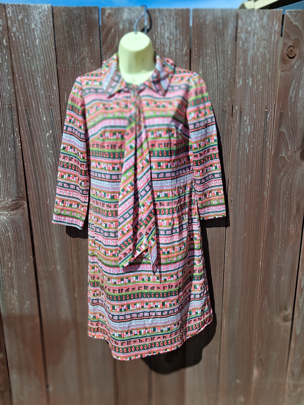 Vintage Tie-Neck Printed Shift Dress in Pink Multi